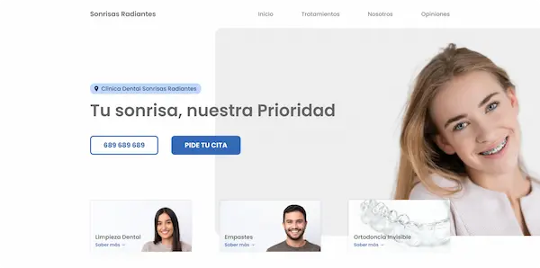 Muestra de una página web para la clínica dental Sonrisas Radiantes