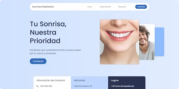 Muestra de una página web para la clínica dental Sonrisas Radiantes